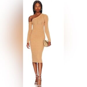 NWT Marjorelle Landau Long Sleeve Bodycon Midi One Shoulder Sweater Dress Camel